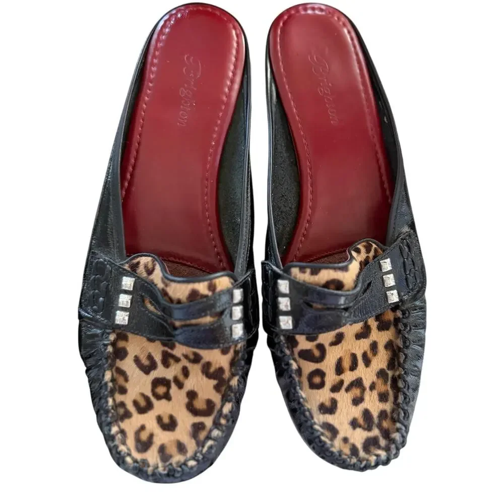 Brighton Black Leather & Leopard Pony Hair Silver Studded Loafer Slides